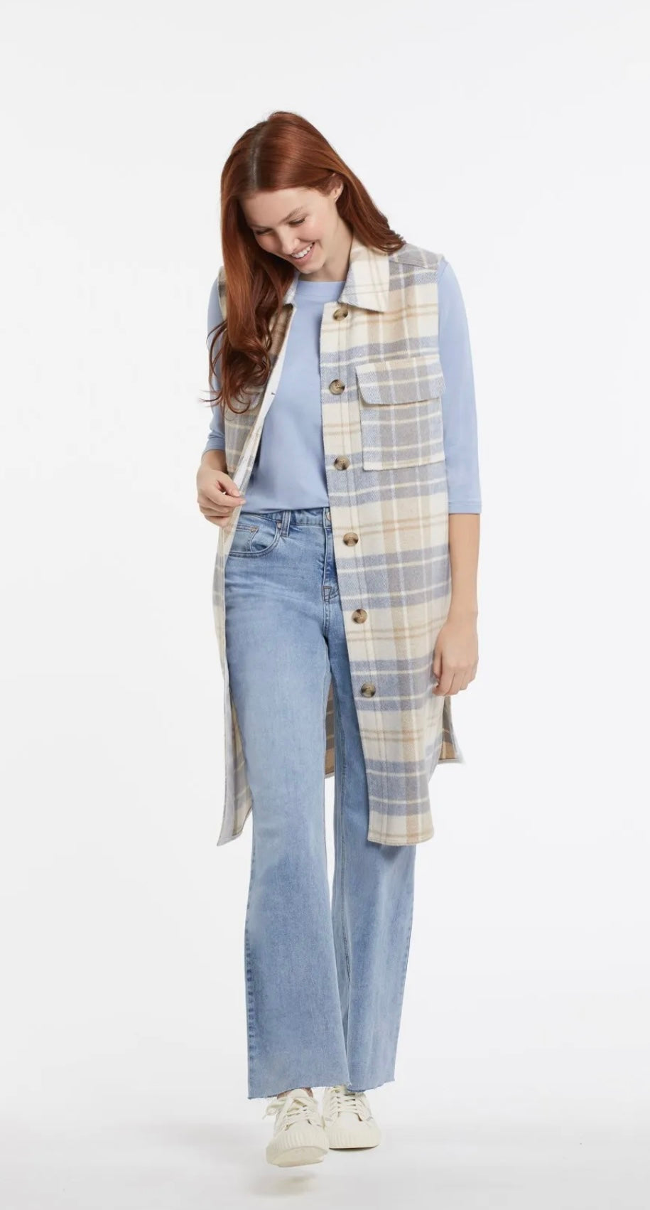 Long plaid vest with shirttail in Oxford blue