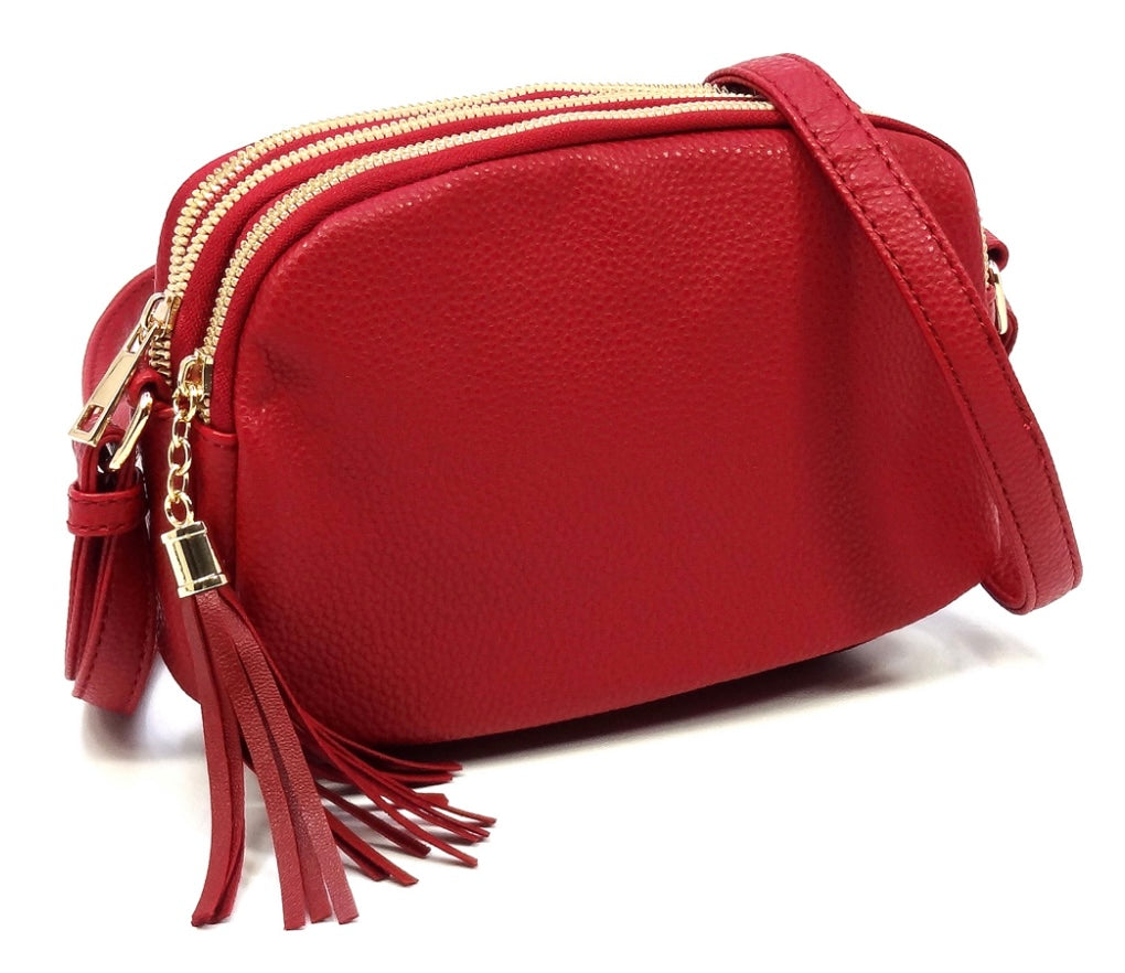 Red crossbody with 3 sections and tassel zipper