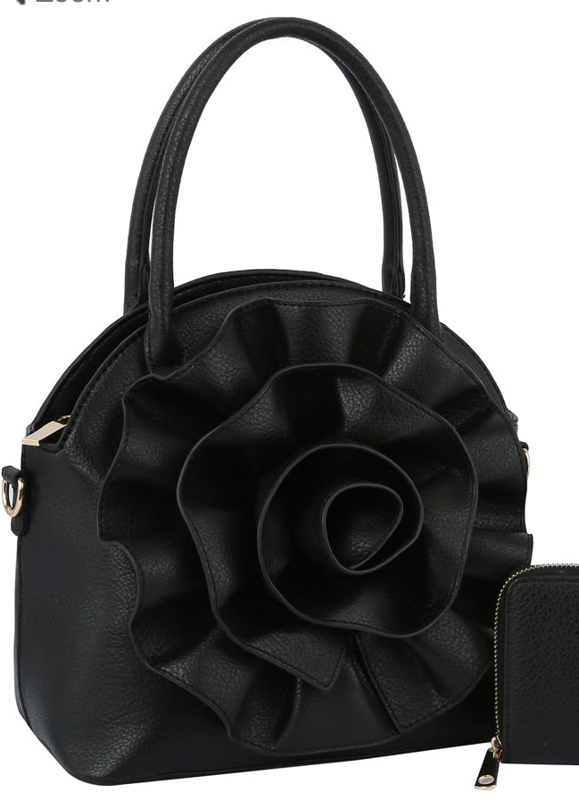 Black tote with 3D flower and crossbody strap