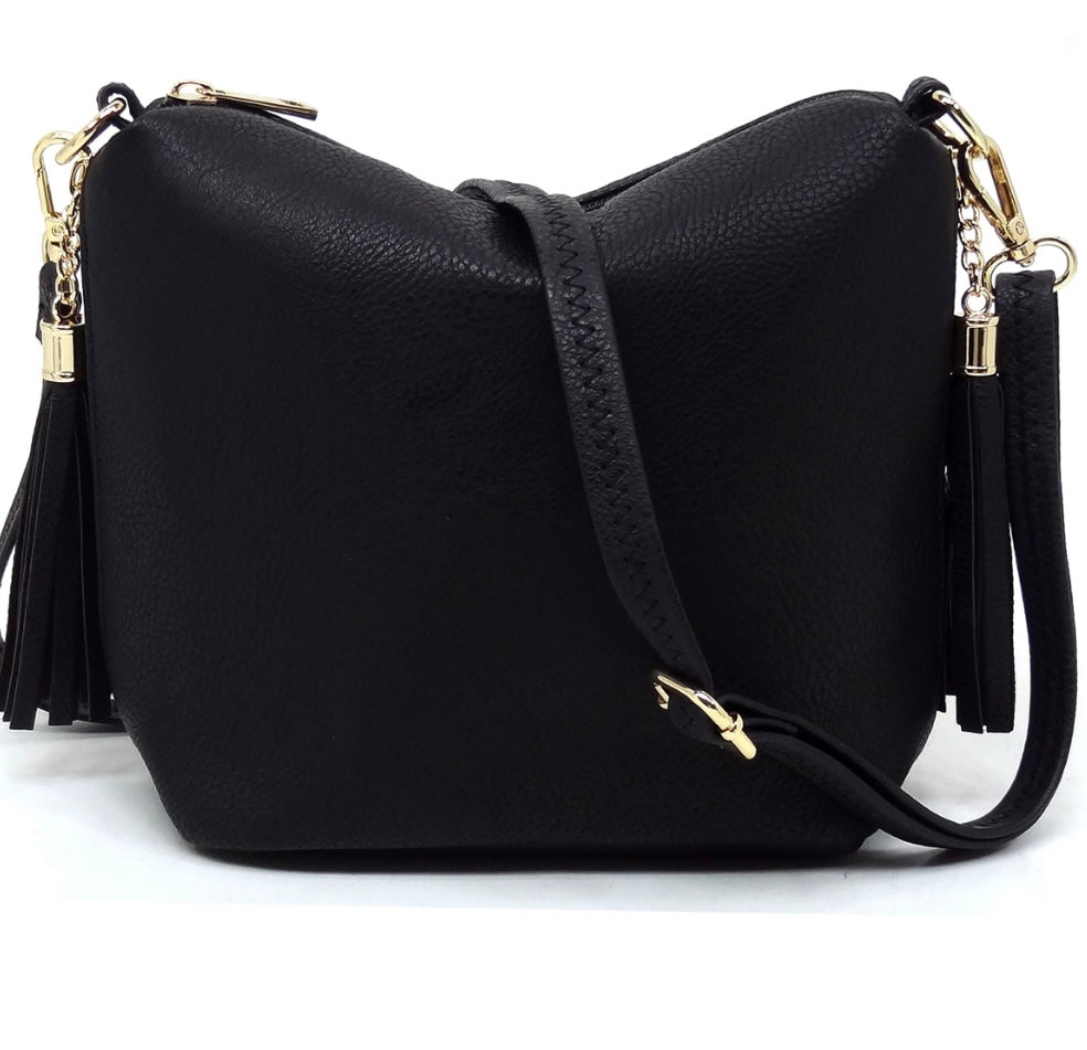 Black purse with tassel side carry pockets