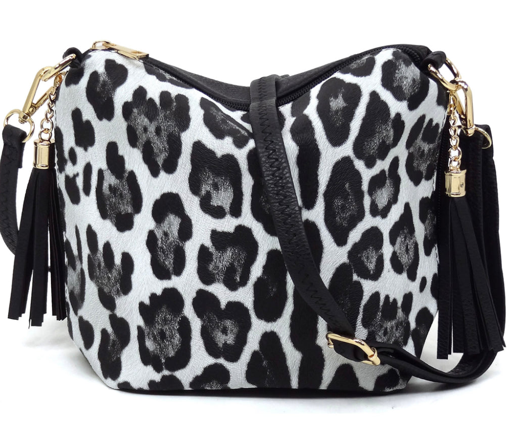 Snow leopard purse with tassel side carry pockets