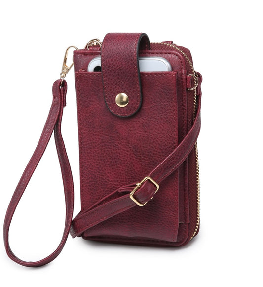 Burgundy cell phone wristlet and crossbody