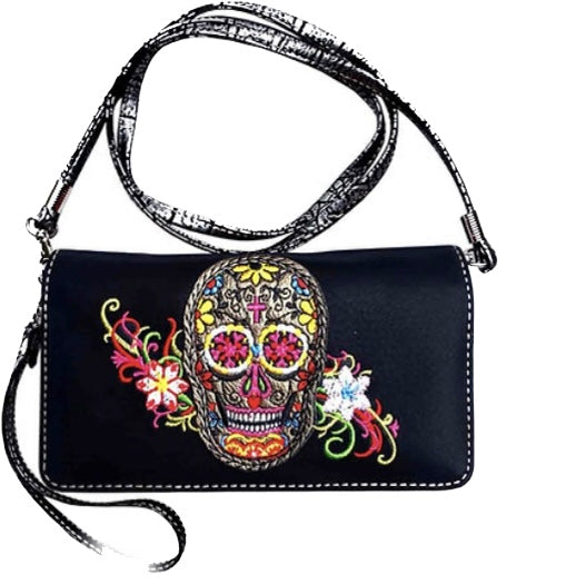 Sugar skull with rose eyes and flowers wallet