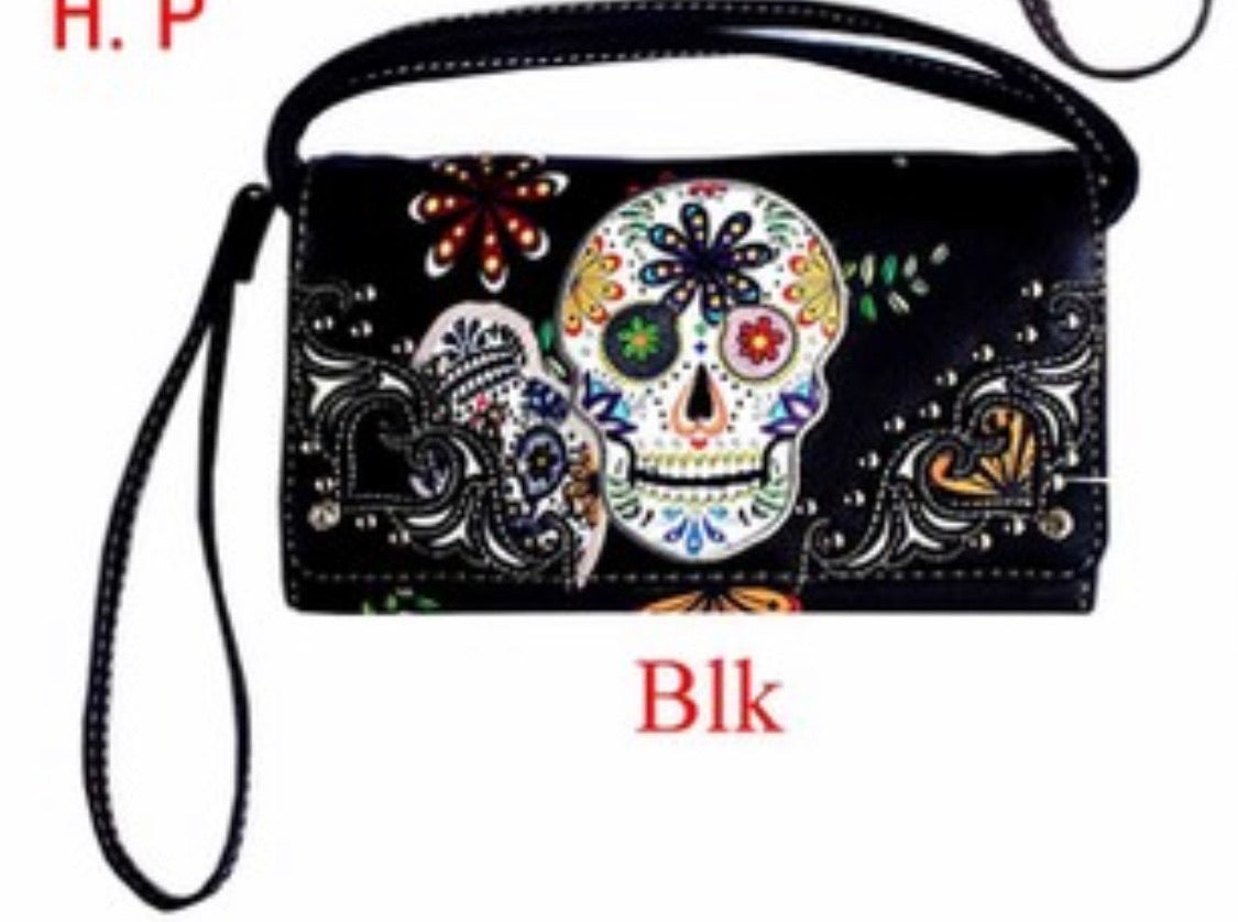 Black sugar skull wallet with flower