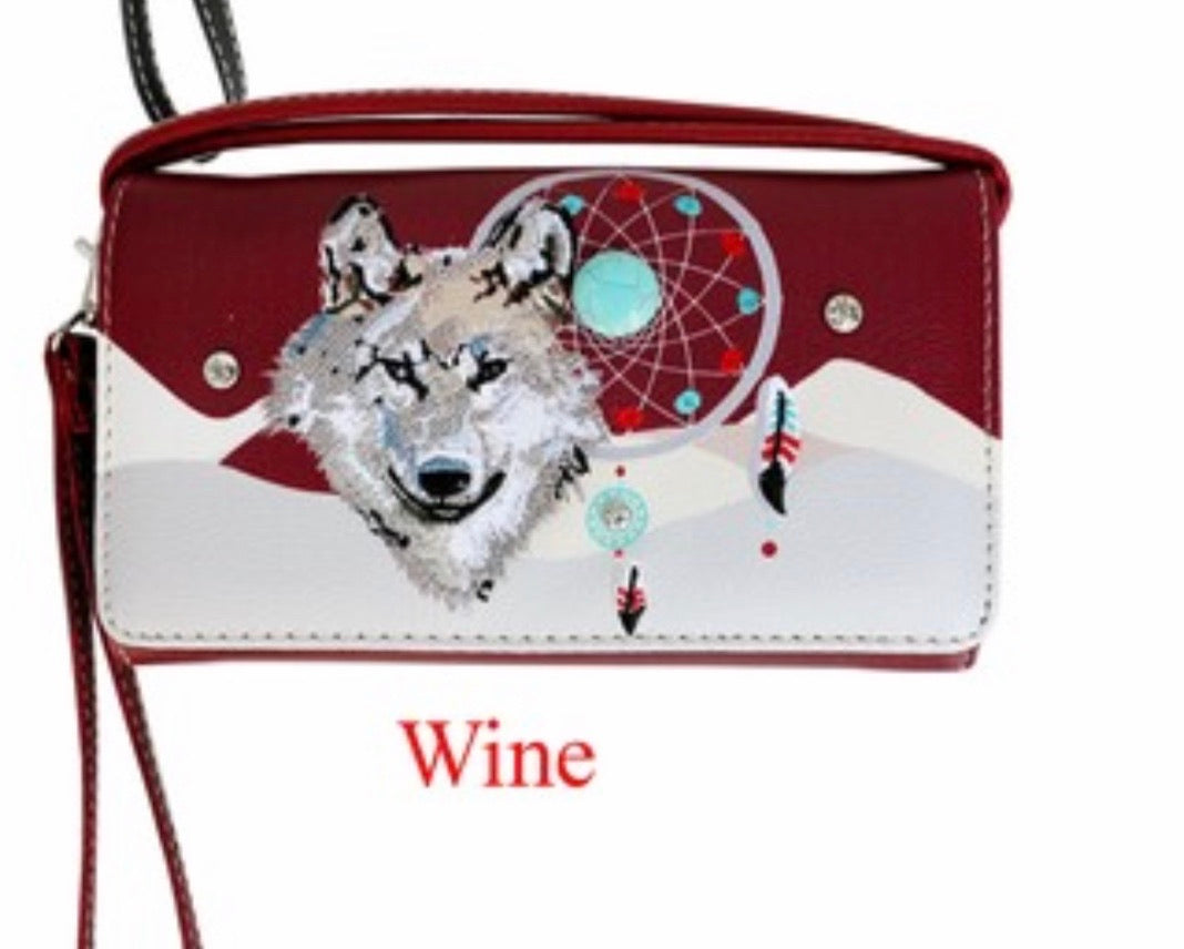 Wine/red wolf dreamcatcher wallet with crossbody strap