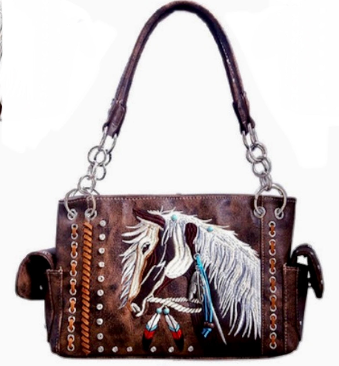 Brown horse western purse with feather