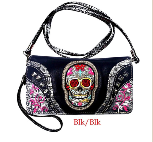 Sugar skull with rose eyes black wallet