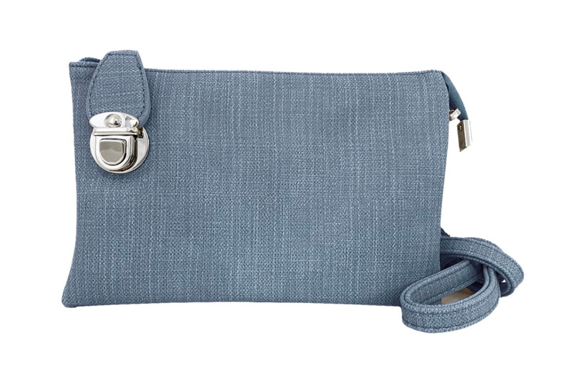 Blue linen look multi pouch wristlet/crossbody