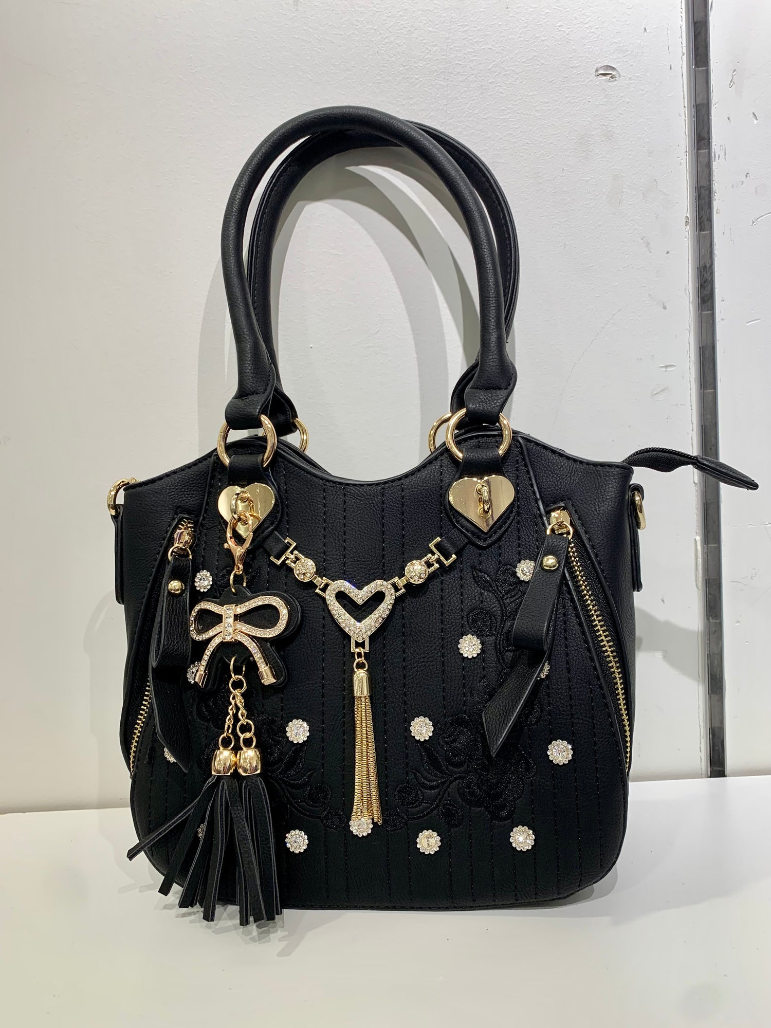 Black floral purse with heart jewel front smaller size