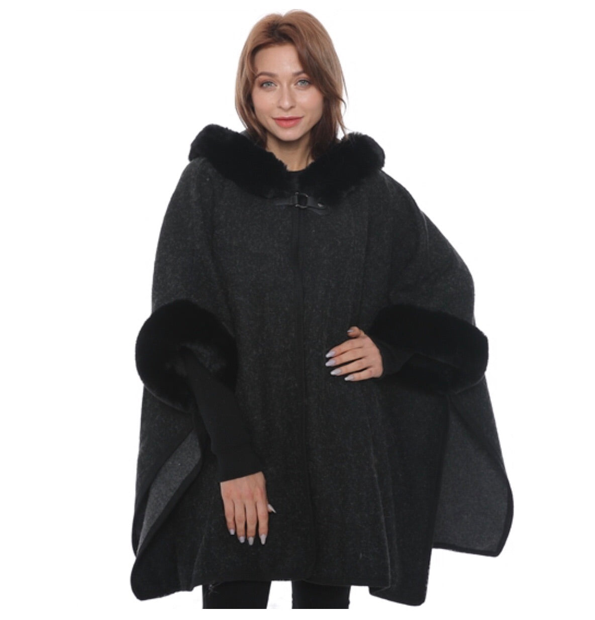 Black hooded faux fur cape with armholes