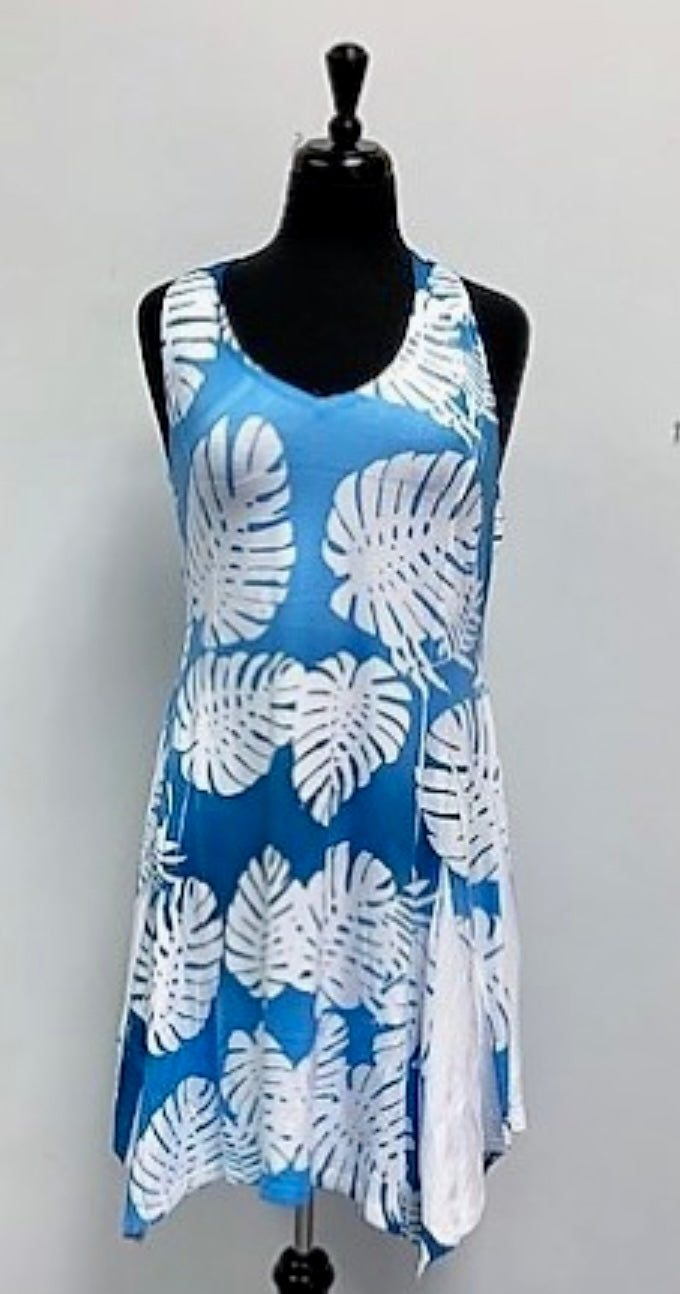 Blue with white leaf bling tank tunic/dress with racer back A21693