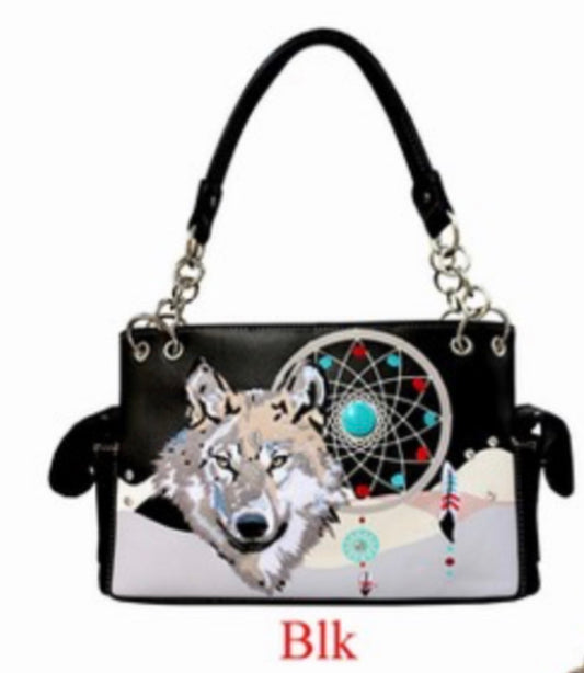 Black wolf dreamcatcher purse with chain
