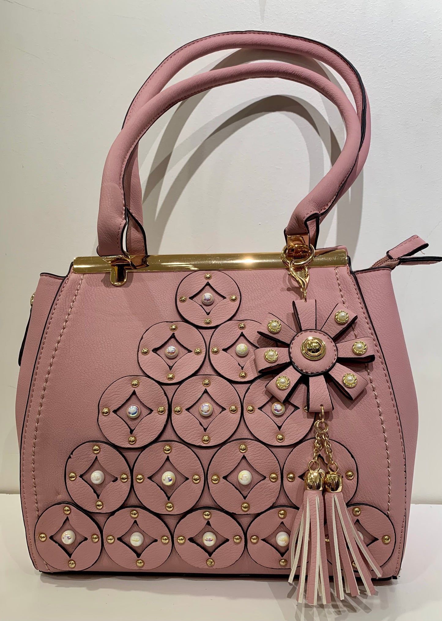 Pink floral pearl accent handbag