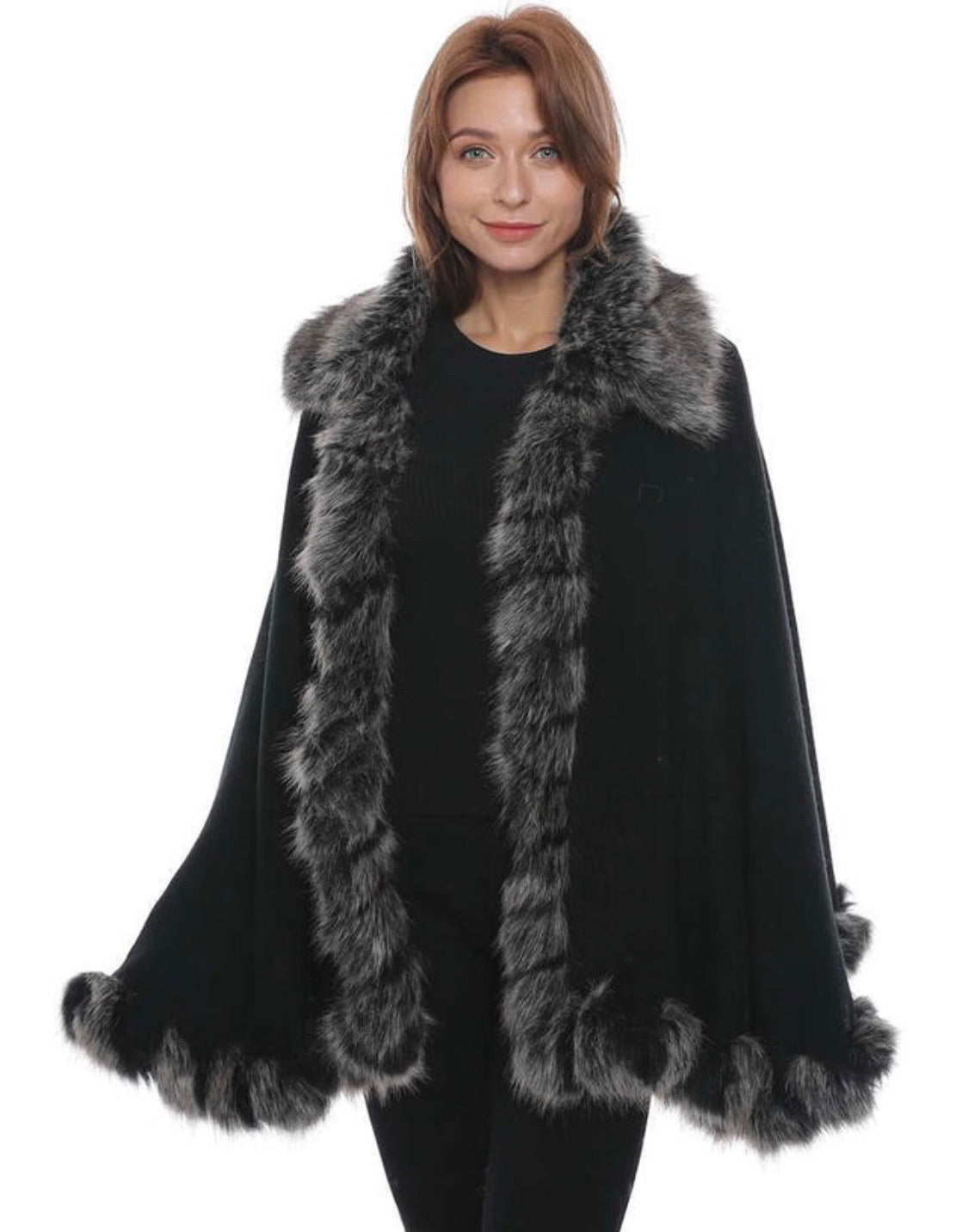 Black cape with grey collar and trim
