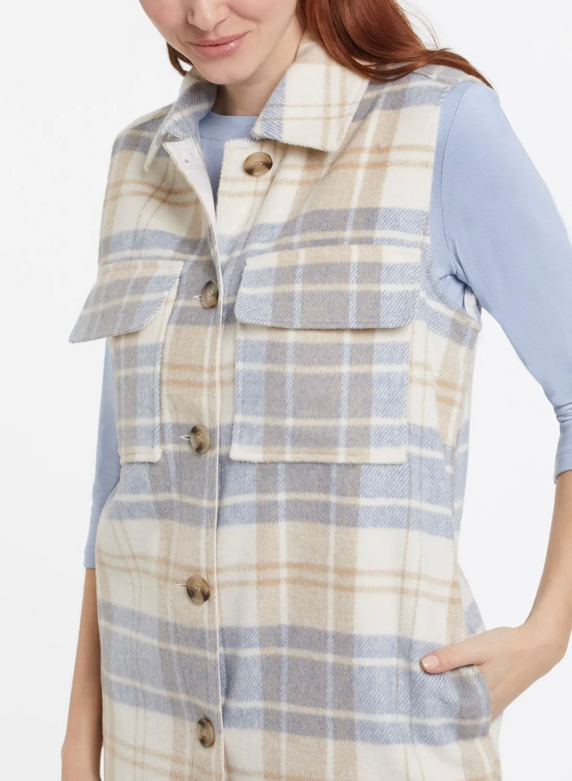 Long plaid vest with shirttail in Oxford blue