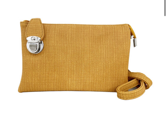 Yellow linen look multi pouch wristlet/crossbody