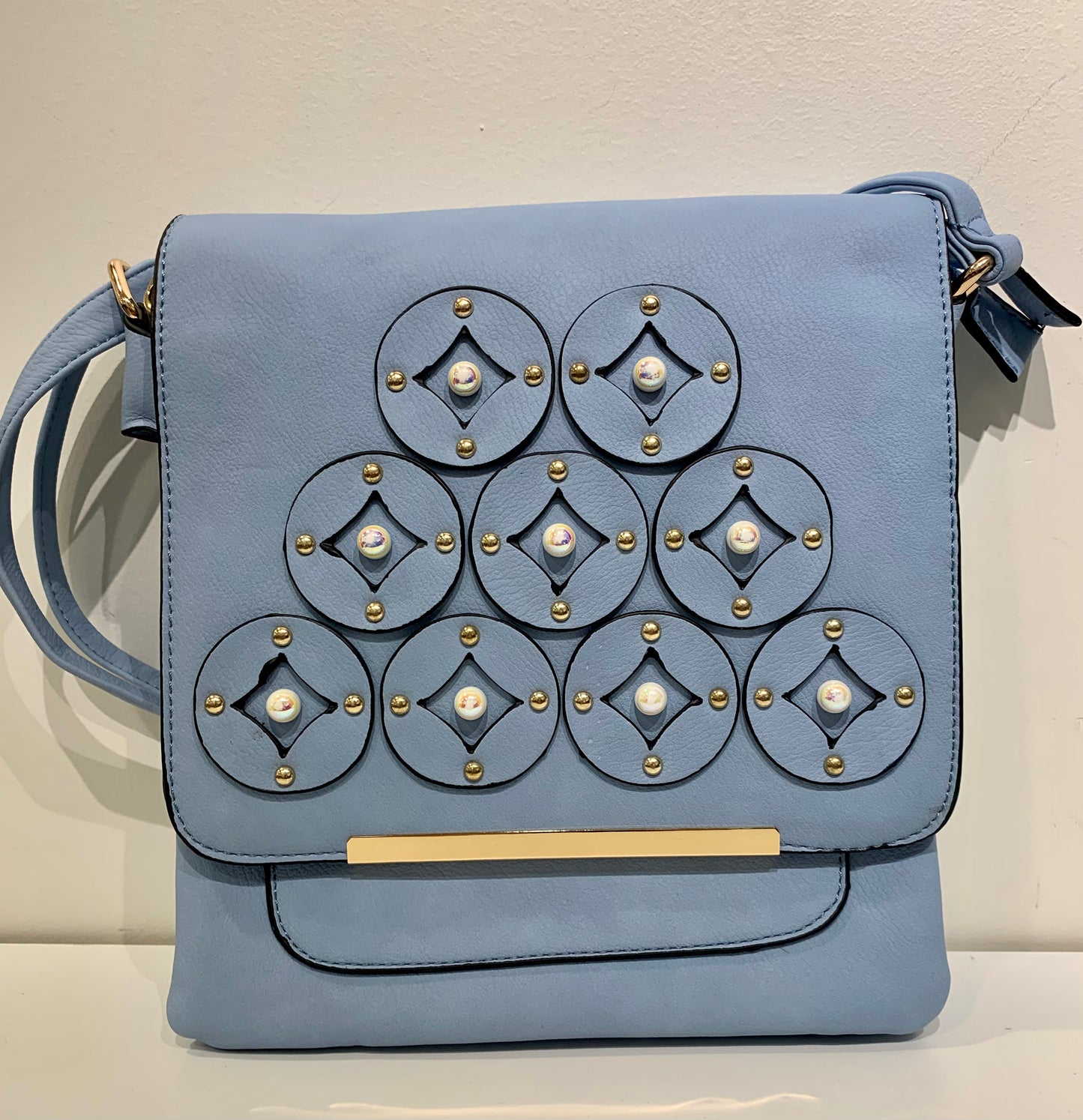Blue floral pearl messenger bag