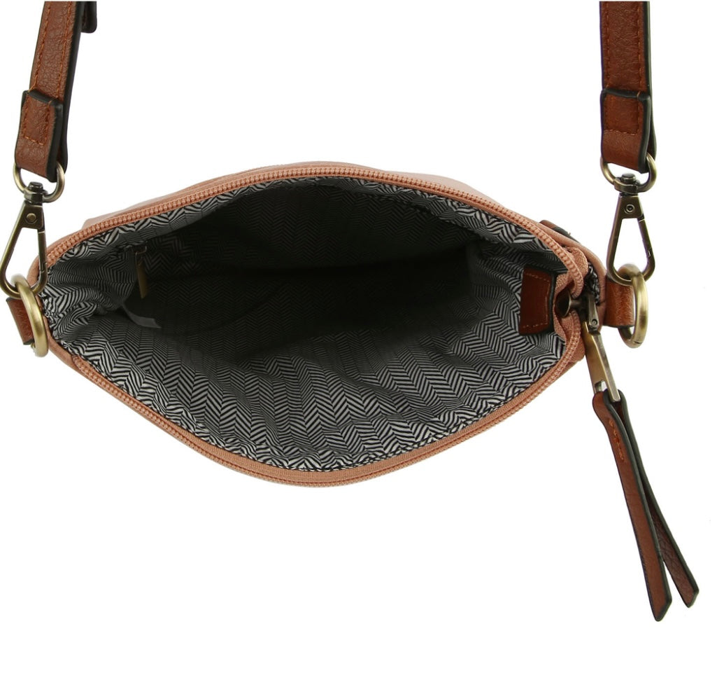 Black crossbody with brown strap and zipper pulls
