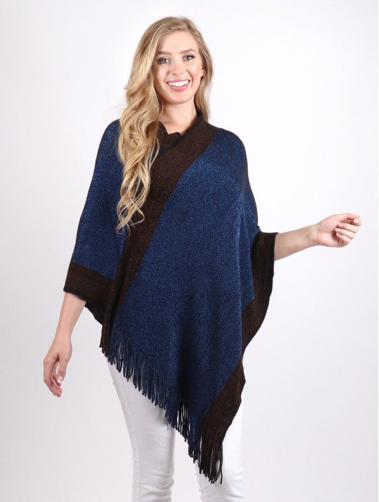 Blue speckled striped poncho with fringe