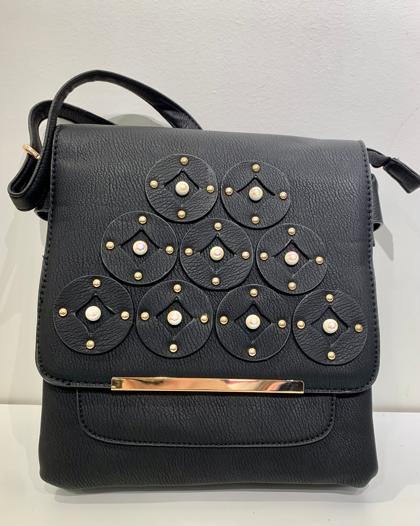 Black floral pearl messenger bag