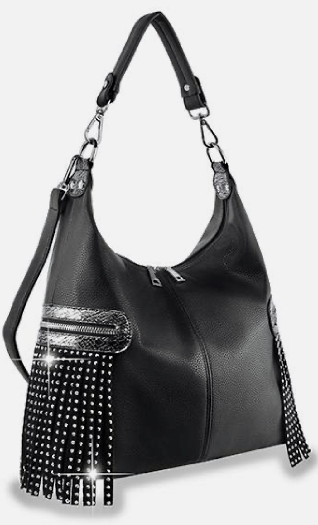 Black Fringe bling accented hobo handbag