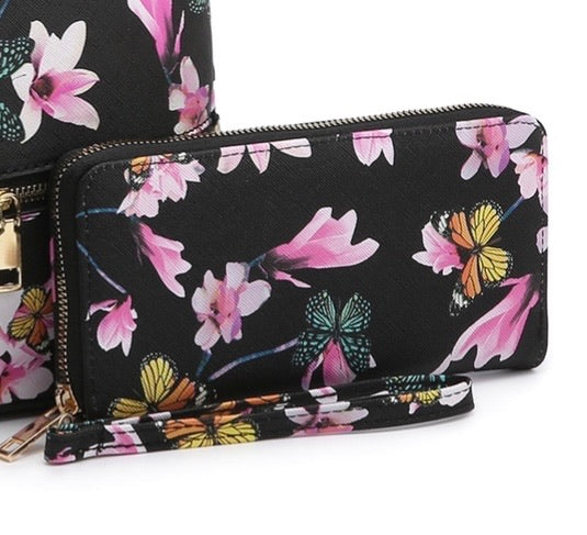 Black FW wallet with butterflies & flowers