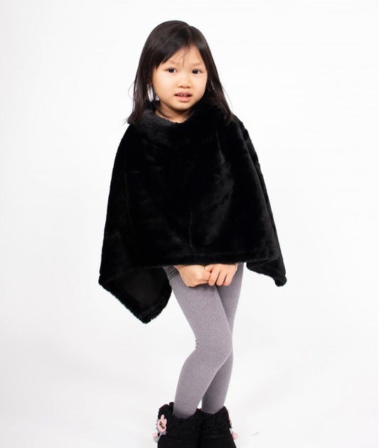 Girls plush poncho with faux fur neck Black