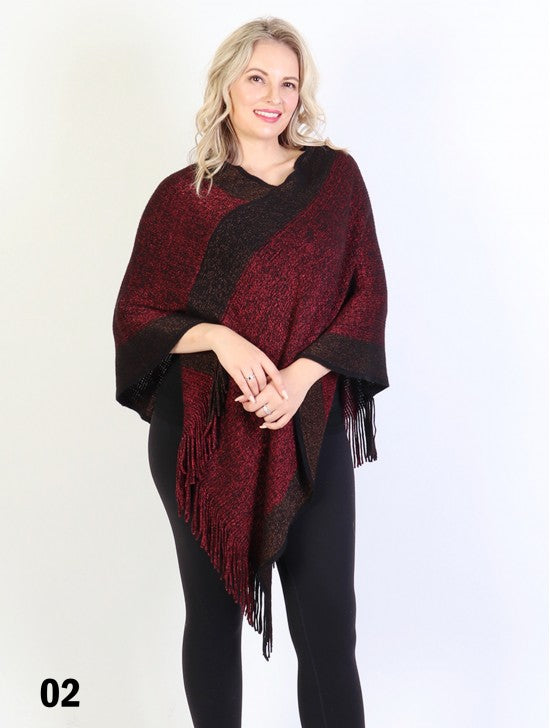 Burgundy speckled striped poncho with fringe