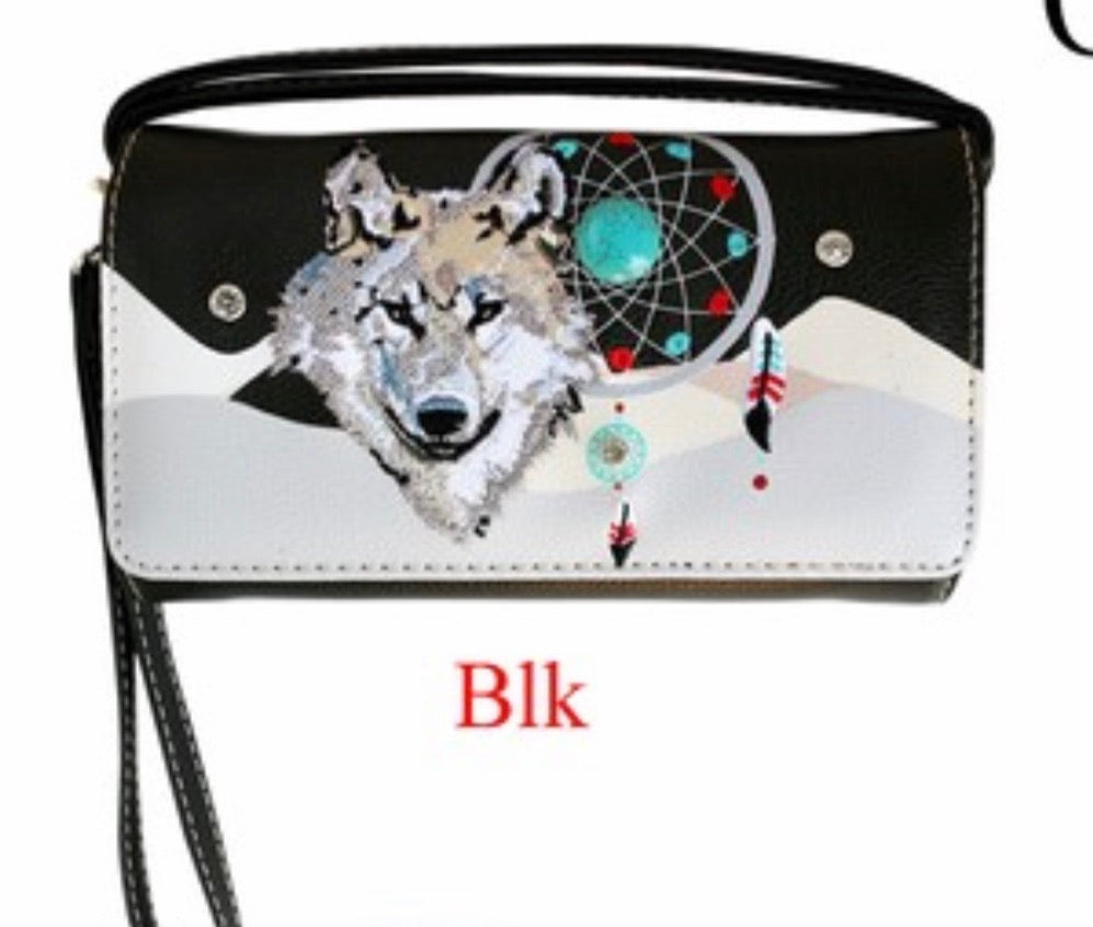 Black wolf dreamcatcher wallet with crossbody strap