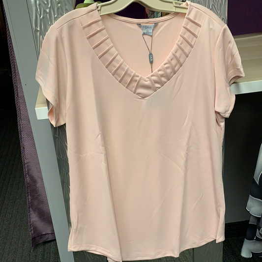 Blush short sleeve top with pintuck neckline