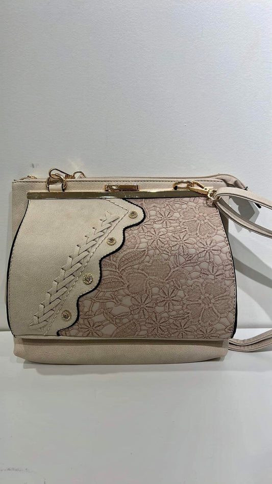 Cream floral bling clutch crossbody with clip front