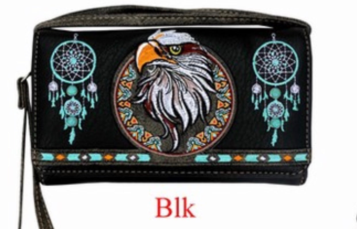 Black eagle wallet with wristlet and crossbody strap