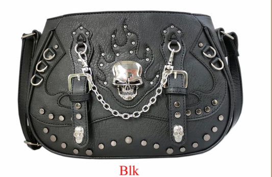 Skull handbag with chain and buckles single strap