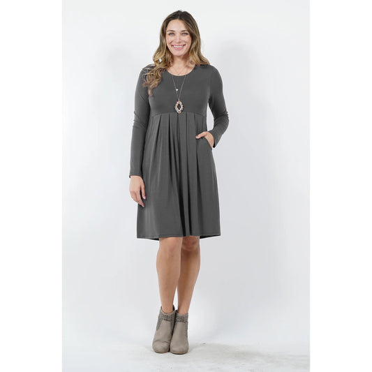 Grey pleated waist long sleeve dress