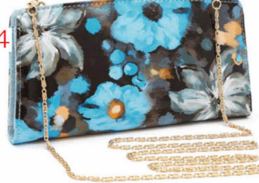 Blue floral clutch with gold chain