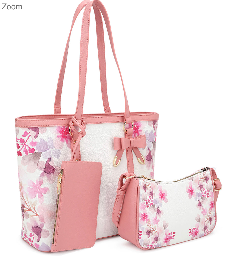 Pink flower print tote and wallet