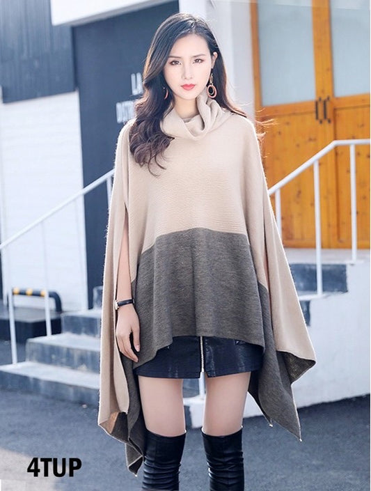 Taupe turtleneck side slit 2 tone poncho