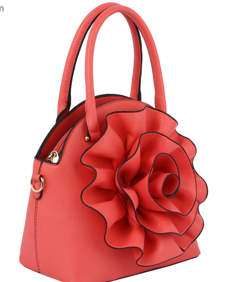 Coral tote with 3D flower and crossbody strap