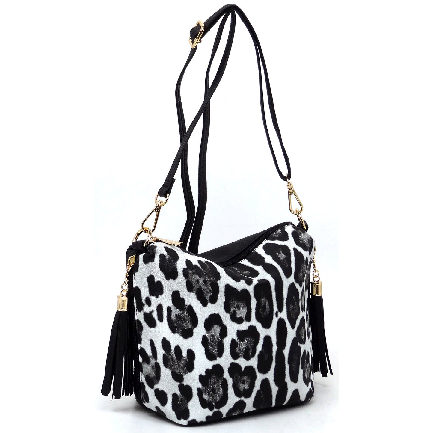 Snow leopard purse with tassel side carry pockets