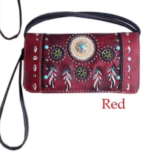 Red feather wallet with turquoise stone