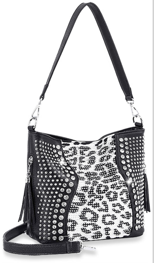 Black and white leopard bling purse