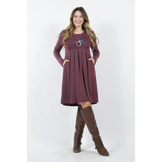 Eggplant pleated waist long sleeve dress