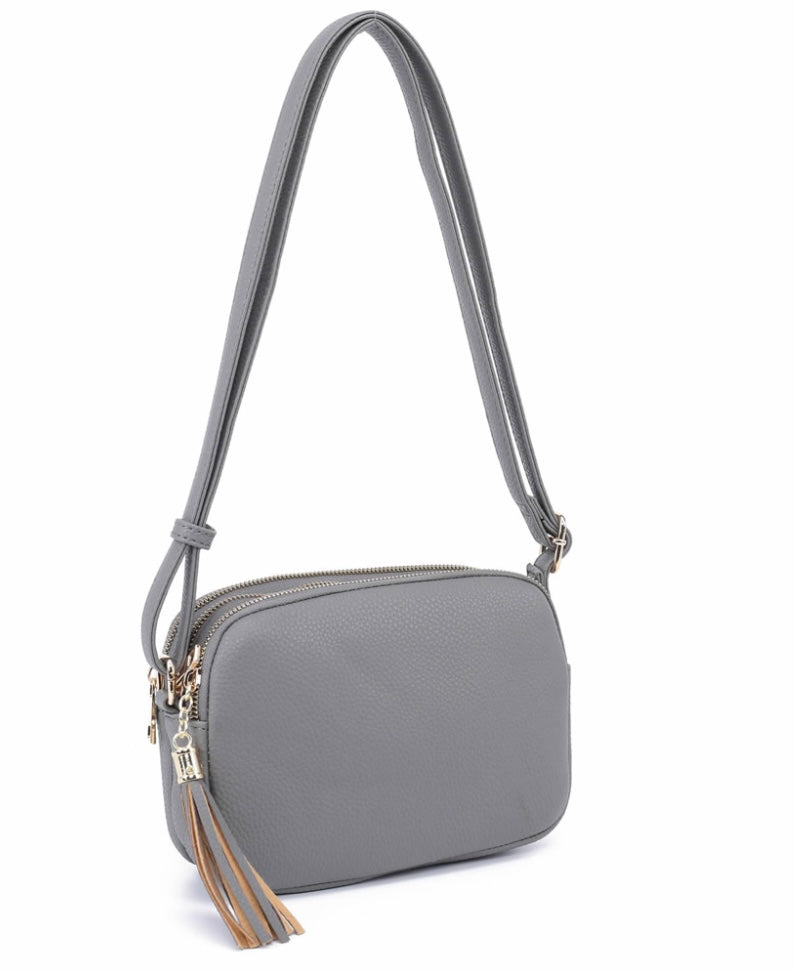 Grey crossbody with 3 sections and tassel zipper