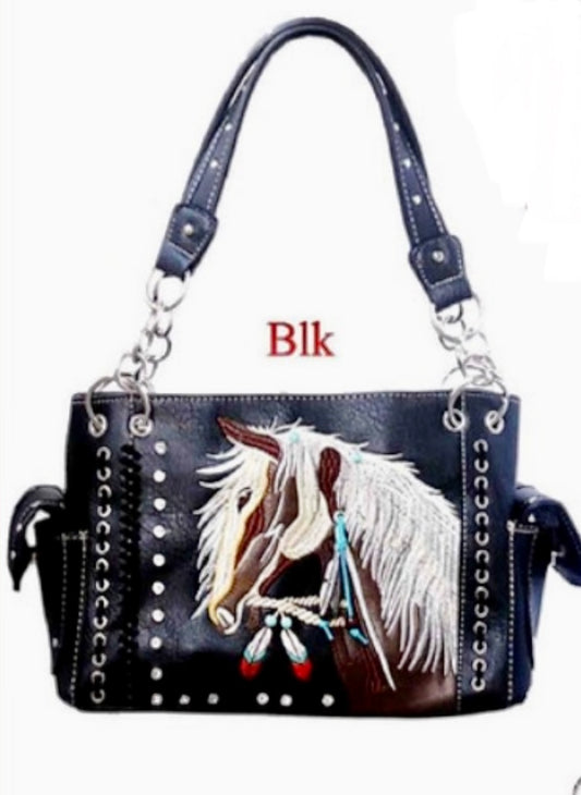 Black horse western purse with feather